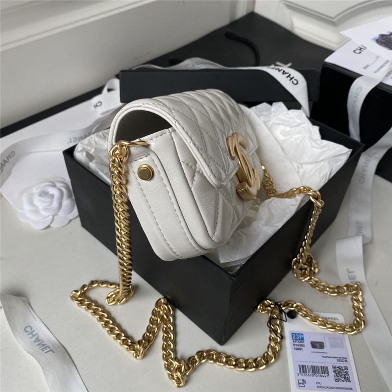 Chanel FLAP PHONE HOLDER WITH CHAIN Shiny Lambskin & Gold-Tone Metal AP3207 White A