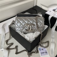 Chanel FLAP PHONE HOLDER WITH CHAIN Shiny Lambskin & Silver-Tone Metal AP3207 Silver A