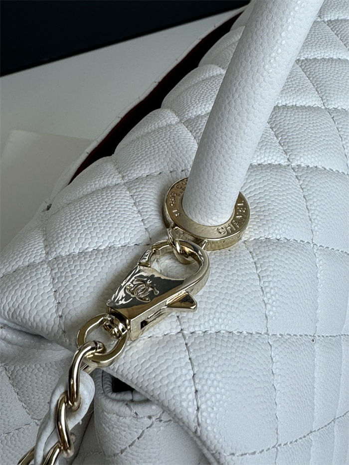 FLAP BAG WITH TOP HANDLE Grained Calfskin White Gold Metal High