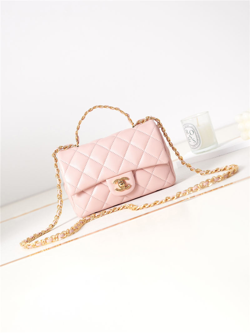 SMALL FLAP BAG WITH TOP HANDLE Shiny Lambskin & Gold-Tone Metal AS4023 Pink A