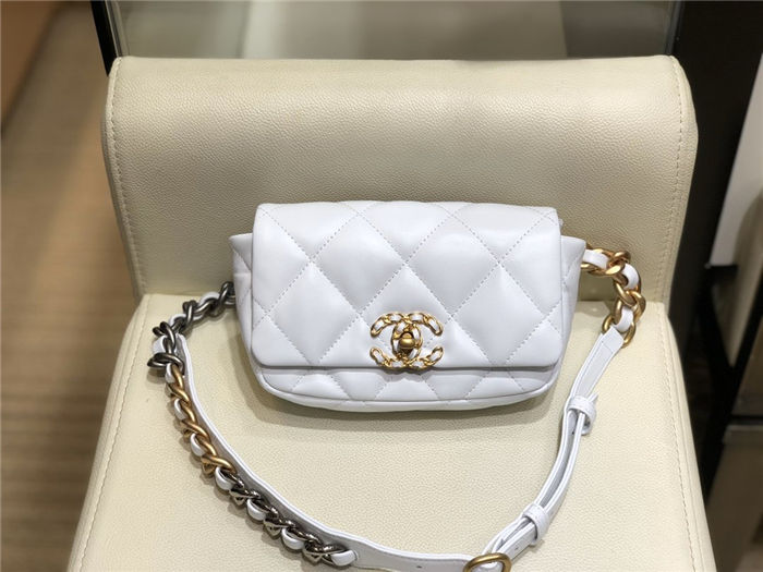 Waist Chanel 19 Flap Bag Lambskin/Goatskin White High