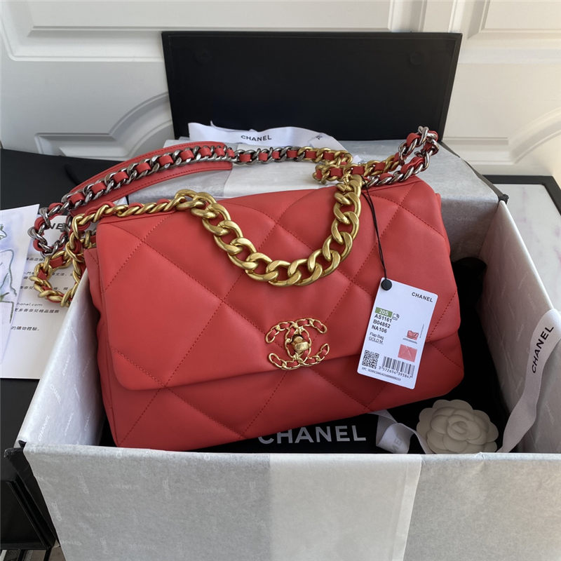 Large Chanel 19 Flap Bag Goatskin/Lambskin Red High