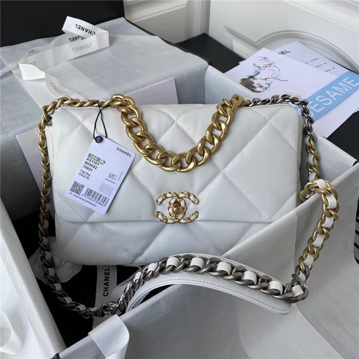 Large Chanel 19 Flap Bag Goatskin/Lambskin White High