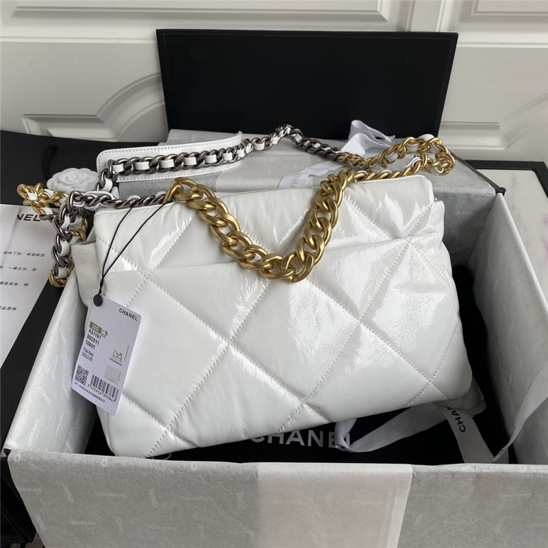 Large Chanel 19 Flap Bag Shiny Crumpled Calfskin White High