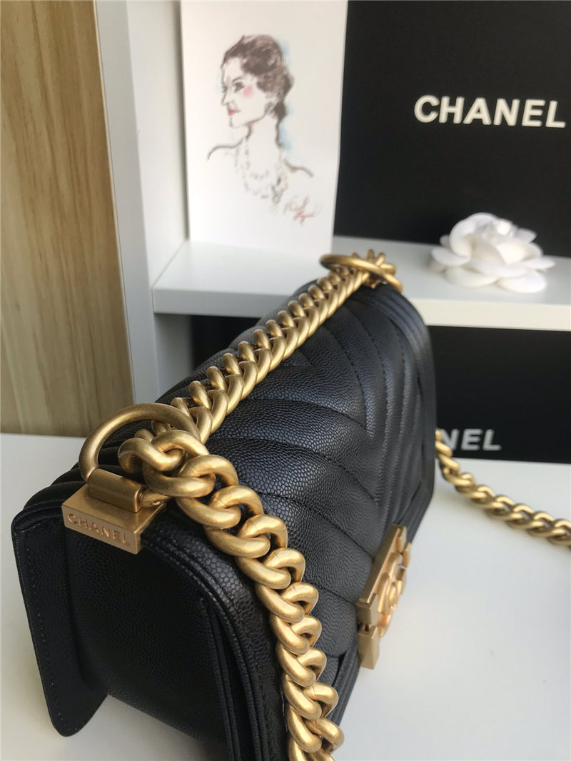 SMALL BOY Chanel HANDBAG Chevrons Pattern Grained Calfskin Black High