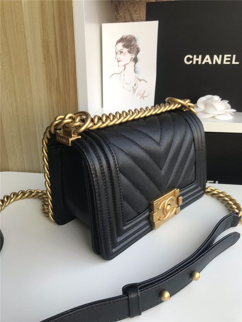 SMALL BOY Chanel HANDBAG Chevrons Pattern Grained Calfskin Black High