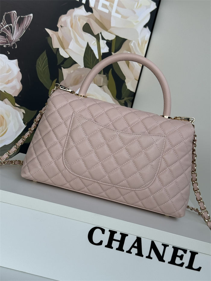 FLAP BAG WITH TOP HANDLE Grained Calfskin Pink Gold Metal High