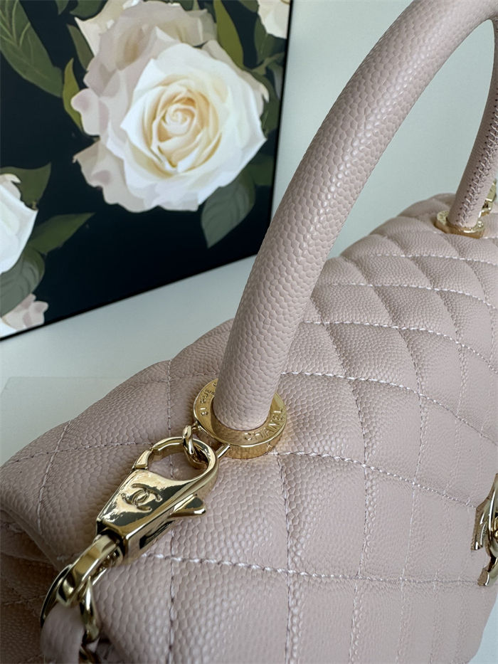 FLAP BAG WITH TOP HANDLE Grained Calfskin Pink Gold Metal High