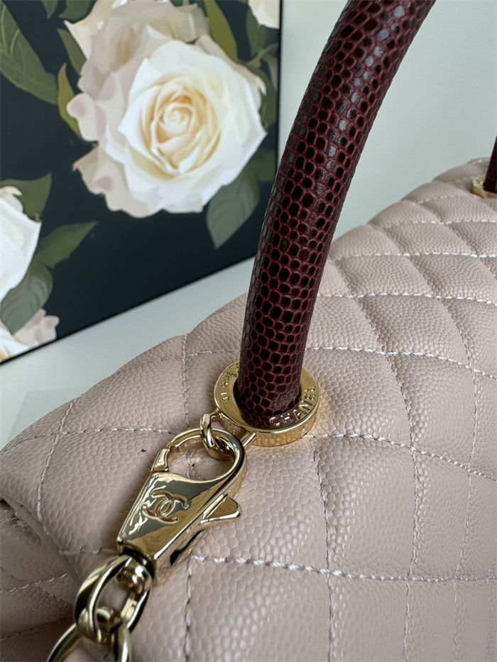 FLAP BAG WITH TOP HANDLE Grained Calfskin Pink Gold Metal High