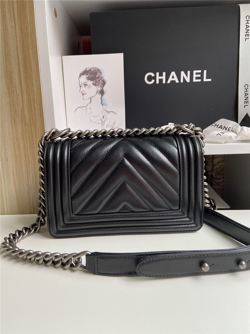 SMALL BOY Chanel HANDBAG Chevrons Pattern Lambskin Black High