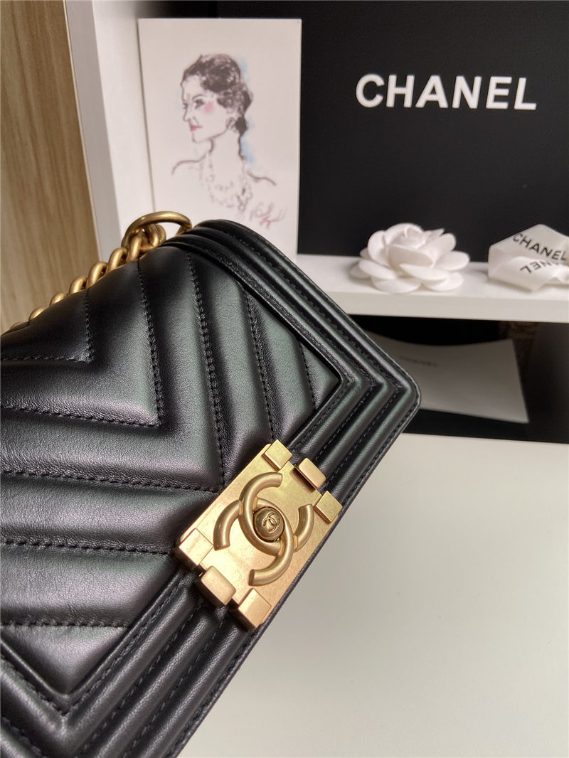 SMALL BOY Chanel HANDBAG Chevrons Pattern Lambskin Black High