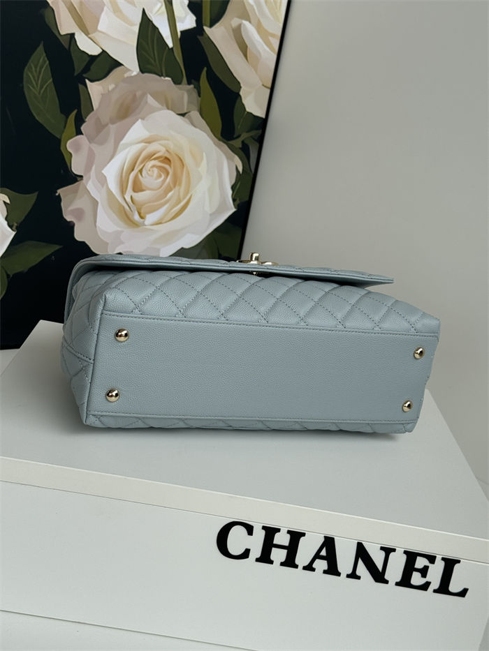 FLAP BAG WITH TOP HANDLE Grained Calfskin Blue-binding Gold Metal High