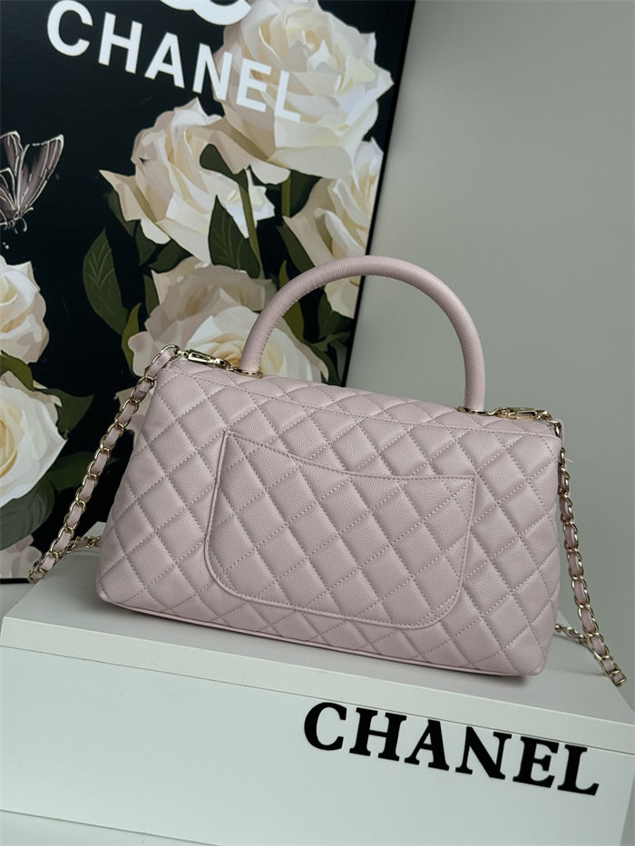 FLAP BAG WITH TOP HANDLE Grained Calfskin Pink-binding Gold Metal High