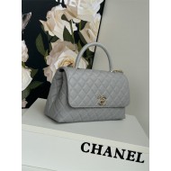 FLAP BAG WITH TOP HANDLE Grained Calfskin Grey-binding Gold Metal High