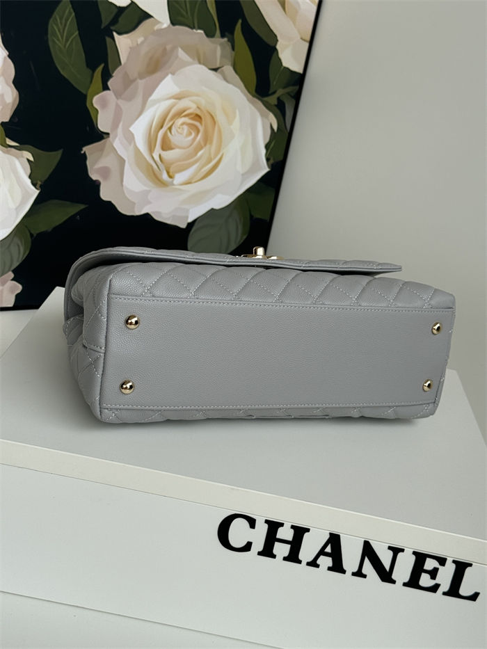 FLAP BAG WITH TOP HANDLE Grained Calfskin Grey-binding Gold Metal High