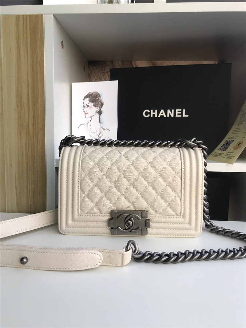 SMALL BOY Chanel HANDBAG Grained Calfskin White High