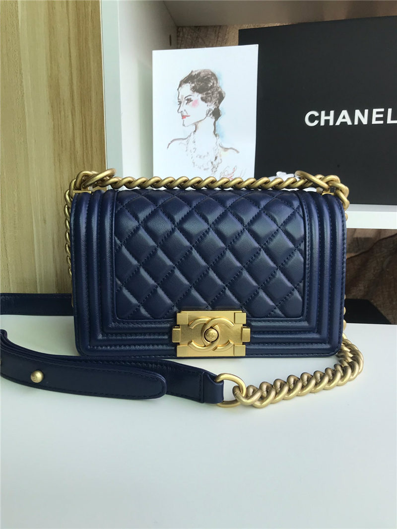 SMALL BOY Chanel HANDBAG Lambskin Navy Blue High