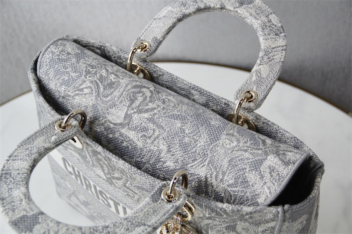 LARGE LADY D-LITE BAG Toile de Jouy Reverse Embroidery Grey High