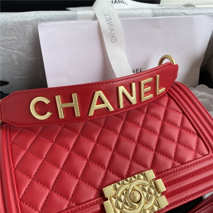 BOY Chanel FLAP BAG WITH HANDLE Lambskin & Gold Metal Red A