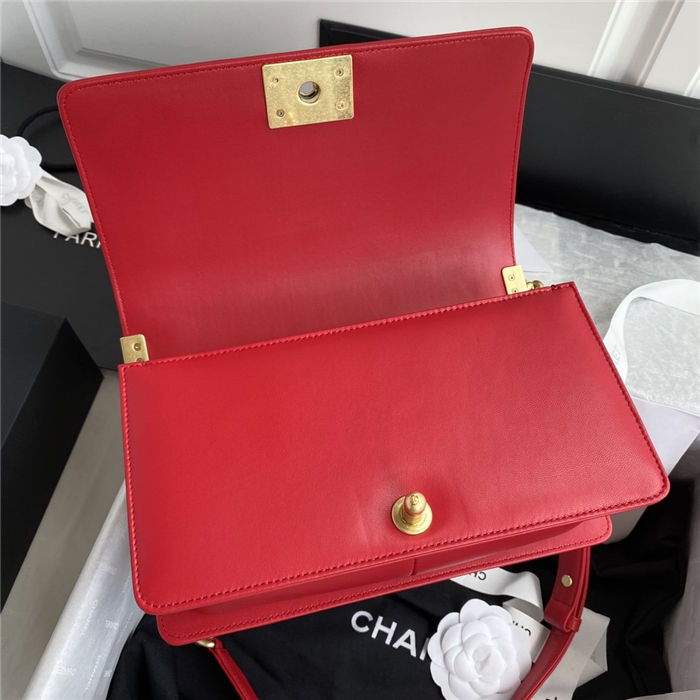 BOY Chanel FLAP BAG WITH HANDLE Lambskin & Gold Metal Red A