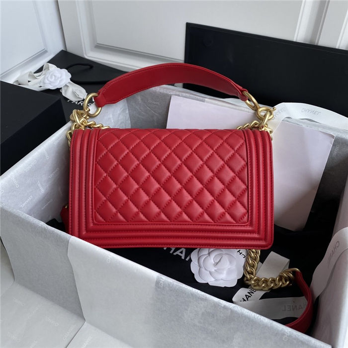 BOY Chanel FLAP BAG WITH HANDLE Lambskin & Gold Metal Red A