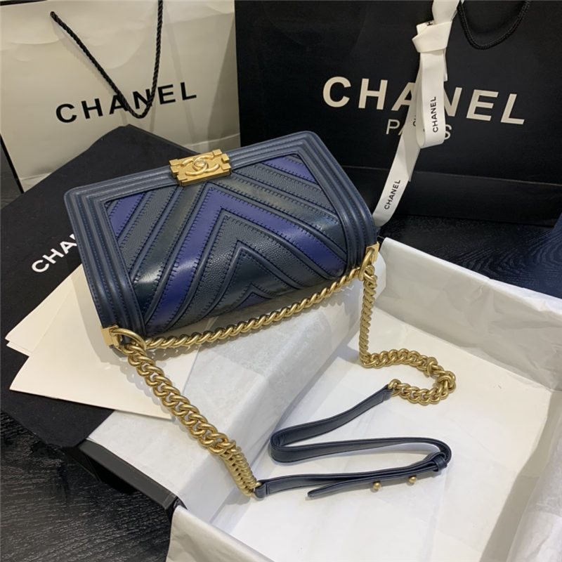 BOY Chanel HANDBAG Chevrons Pattern Calfskin Blue A