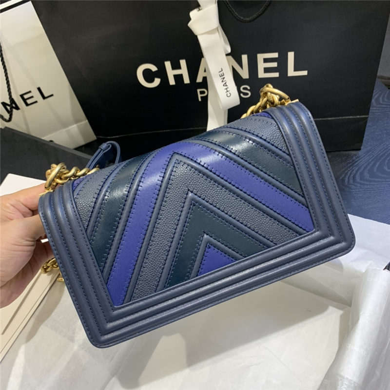 BOY Chanel HANDBAG Chevrons Pattern Calfskin Blue A