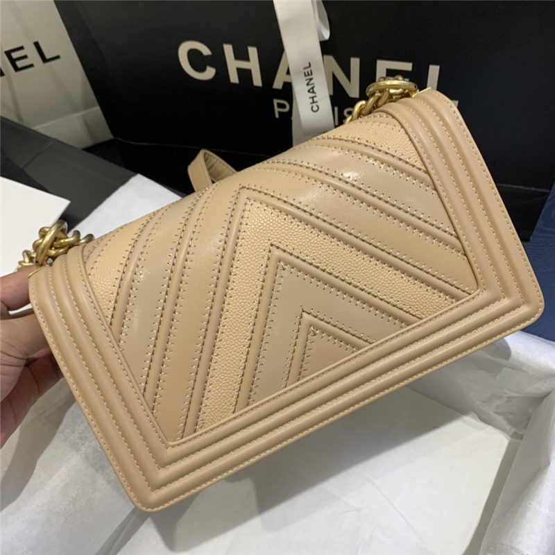 BOY Chanel HANDBAG Chevrons Pattern Calfskin Beige A