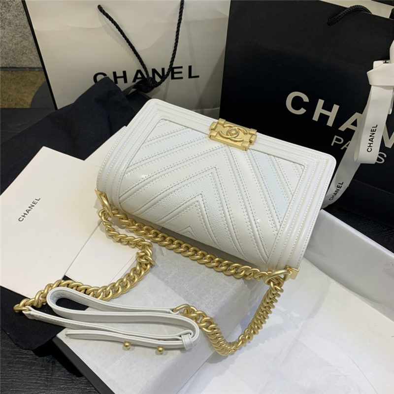 BOY Chanel HANDBAG Chevrons Pattern Calfskin White A