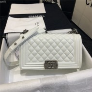 BOY Chanel HANDBAG Grained Calfskin & Silver Metal White A