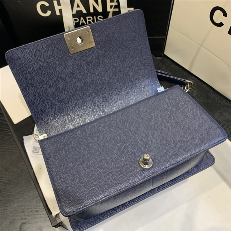 BOY Chanel HANDBAG Grained Calfskin & Silver Metal Navy Blue A