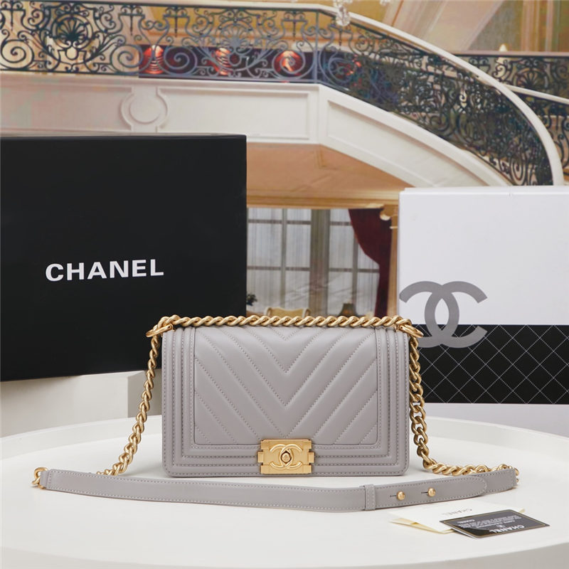 BOY Chanel HANDBAG Chevrons Pattern Lambskin Grey B