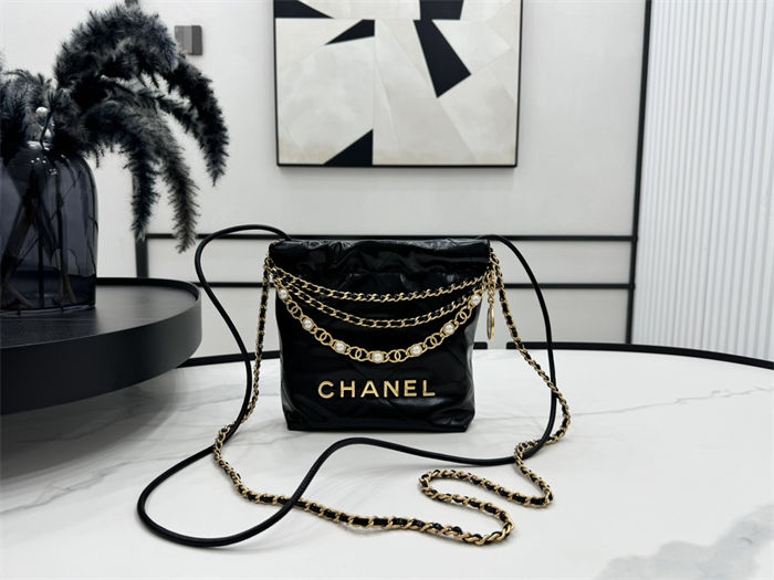 Chanel 22 MINI HANDBAG Shiny Calfskin Black, Imitation Pearls & Gold-Tone Metal AS3980 High