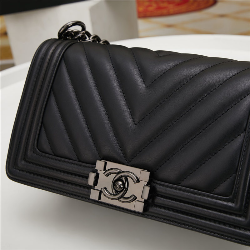 BOY Chanel HANDBAG Chevrons Pattern Lambskin Black B