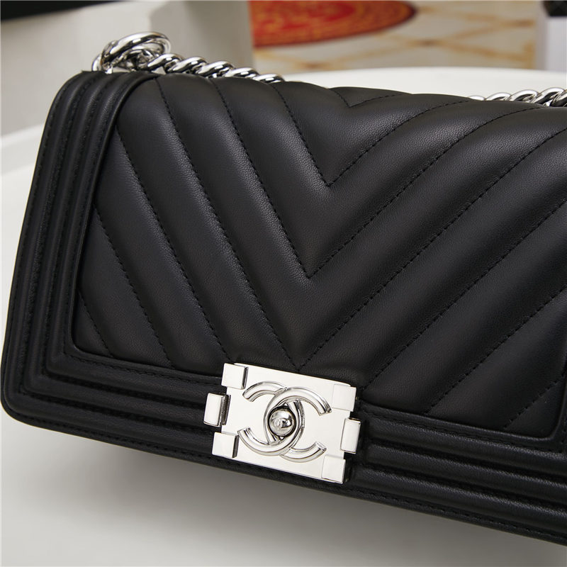 BOY Chanel HANDBAG Chevrons Pattern Lambskin Black B