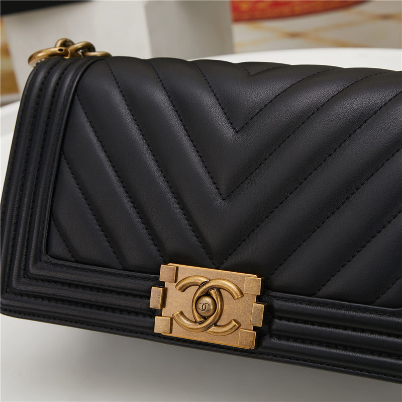 BOY Chanel HANDBAG Chevrons Pattern Lambskin Black B