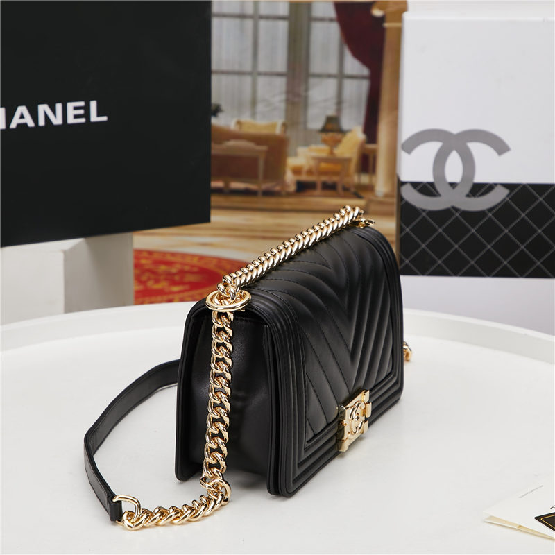 BOY Chanel HANDBAG Chevrons Pattern Lambskin Black B