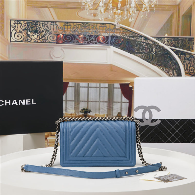 BOY Chanel HANDBAG Chevrons Pattern Grained Calfskin Blue B