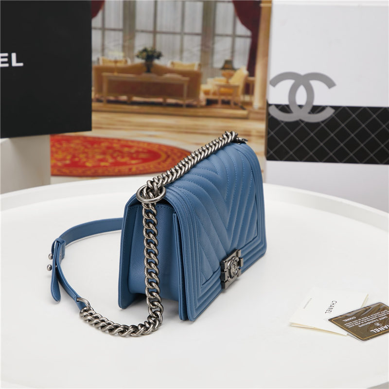 BOY Chanel HANDBAG Chevrons Pattern Grained Calfskin Blue B