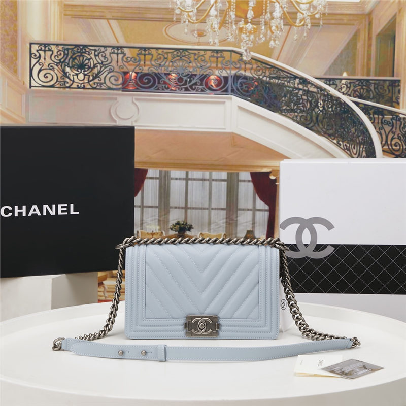 BOY Chanel HANDBAG Chevrons Pattern Grained Calfskin Light Blue B