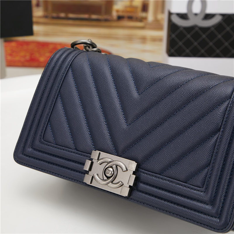 BOY Chanel HANDBAG Chevrons Pattern Grained Calfskin Navy Blue B