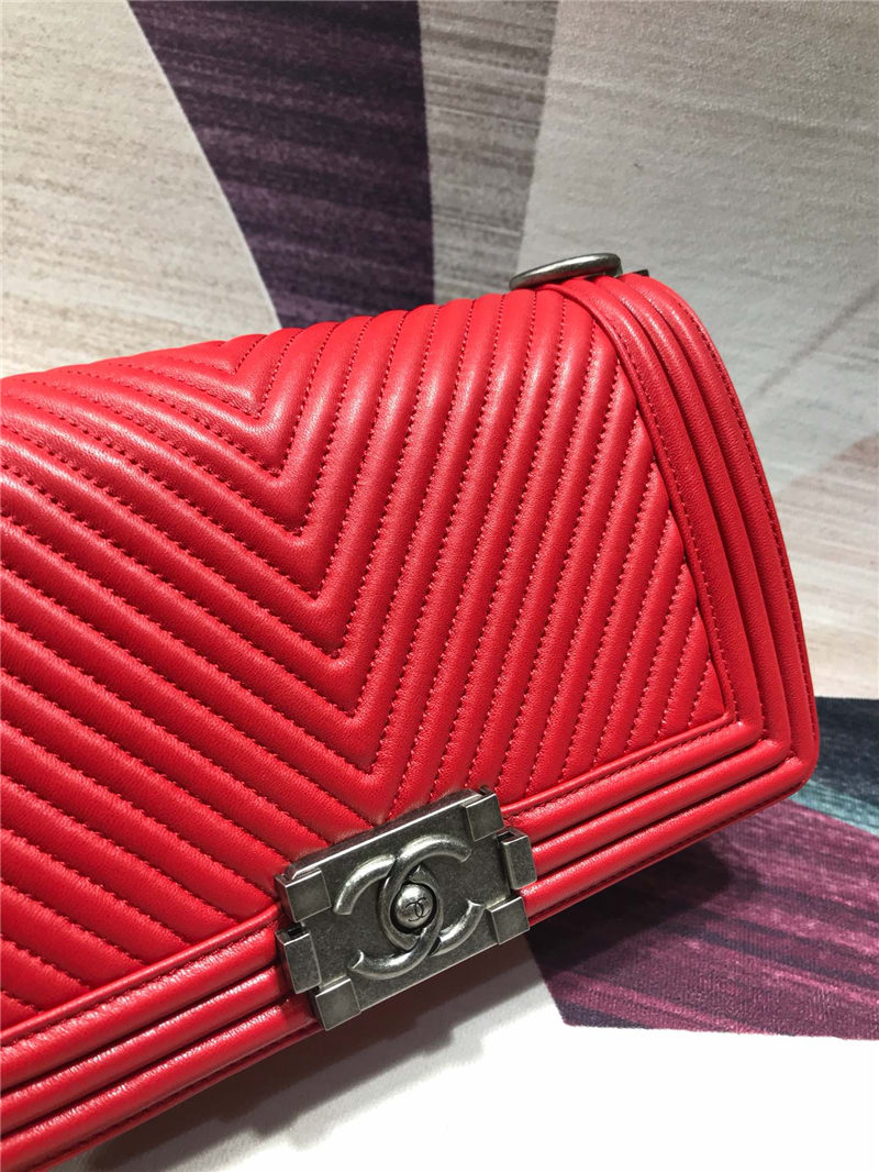 BOY Chanel HANDBAG Chevrons Pattern Lambskin Red B