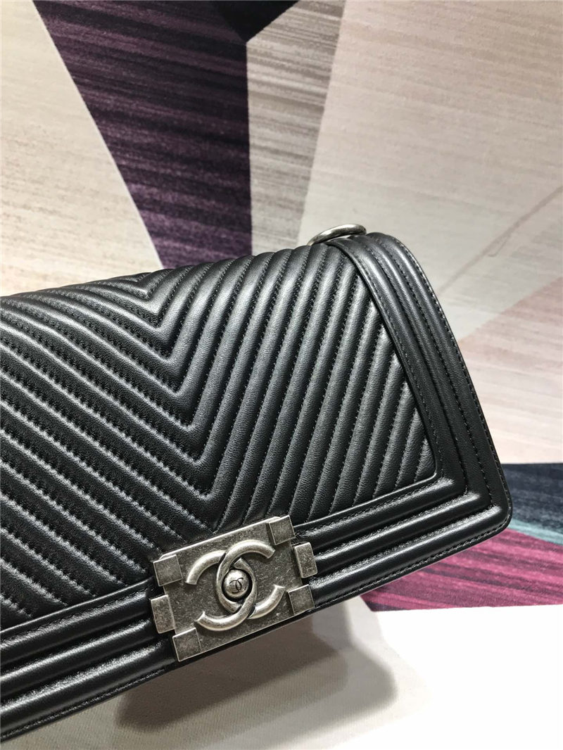 BOY Chanel HANDBAG Chevrons Pattern Lambskin Black B