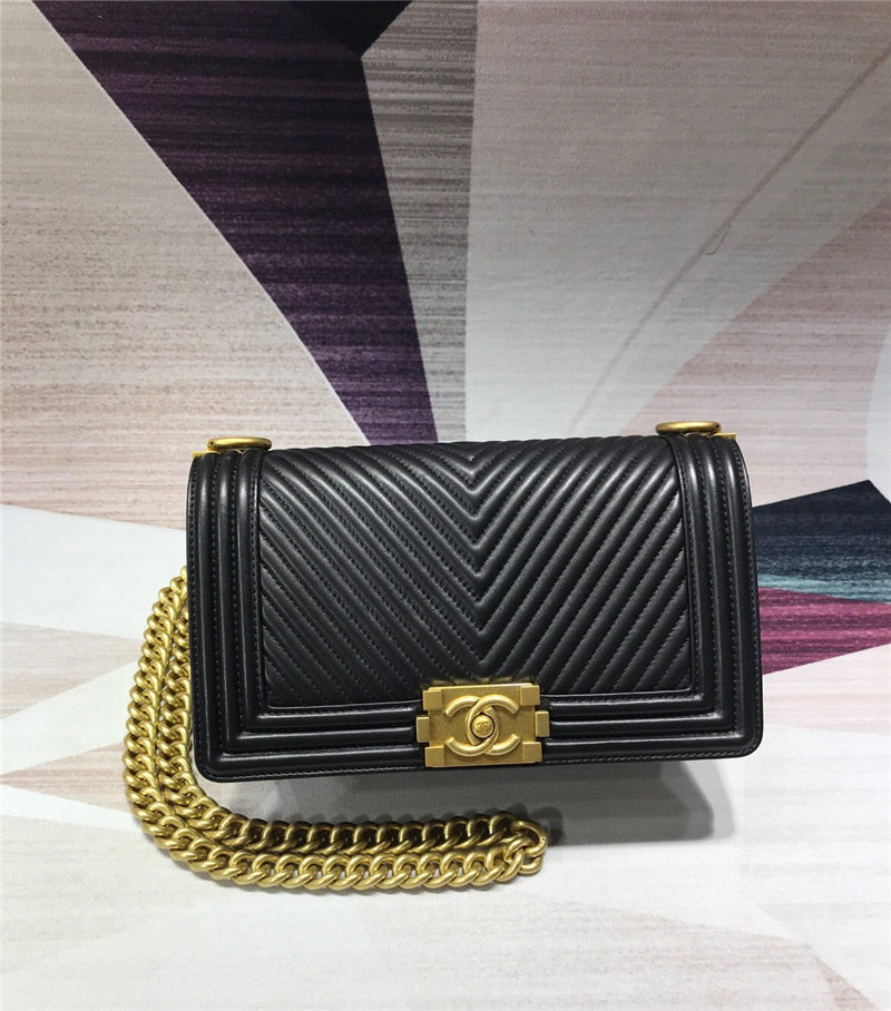 BOY Chanel HANDBAG Chevrons Pattern Lambskin Black B