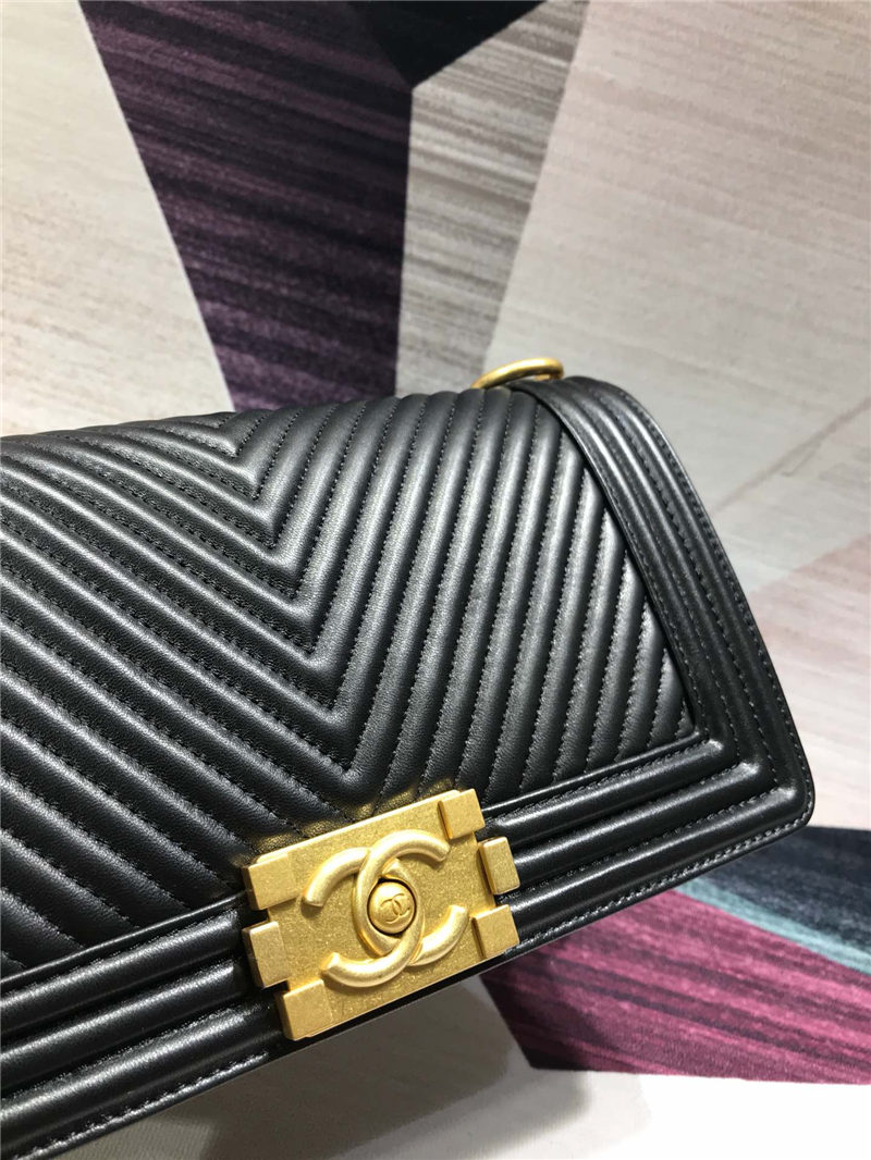 BOY Chanel HANDBAG Chevrons Pattern Lambskin Black B