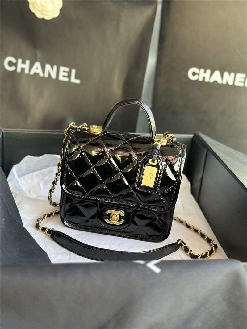 Chanel SMALL FLAP BAG WITH TOP HANDLE Patent Calfskin & Gold-Tone Metal AS3652 A