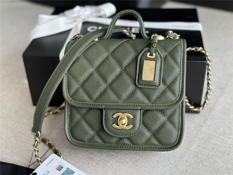 Chanel SMALL FLAP BAG WITH TOP HANDLE Grained Calfskin & Gold-Tone Metal AS3652 Green A