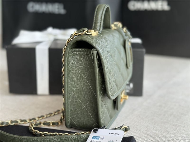 Chanel SMALL FLAP BAG WITH TOP HANDLE Grained Calfskin & Gold-Tone Metal AS3652 Green A