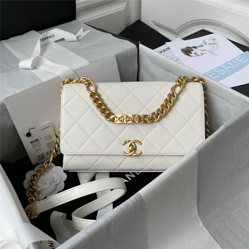 Chanel FLAP BAG Grained Calfskin & Gold-Tone Metal AS2764 White A