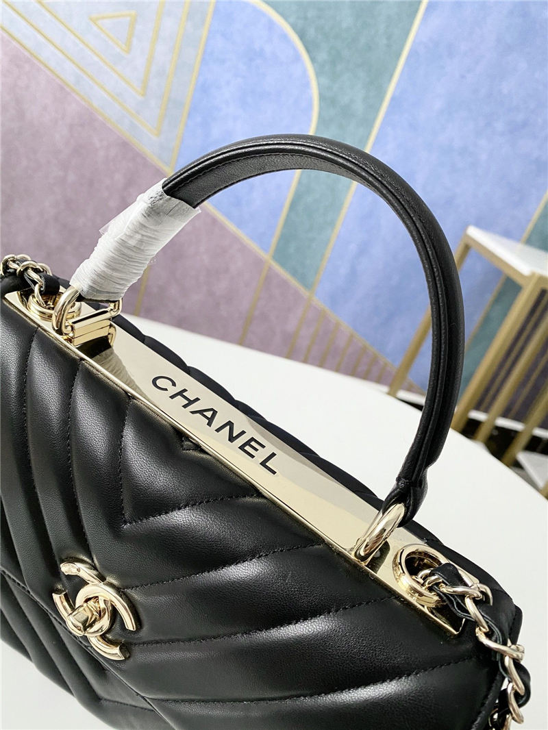 SMALL FLAP BAG WITH TOP HANDLE Chevrons Pattern Lambskin Gold Metal Black A